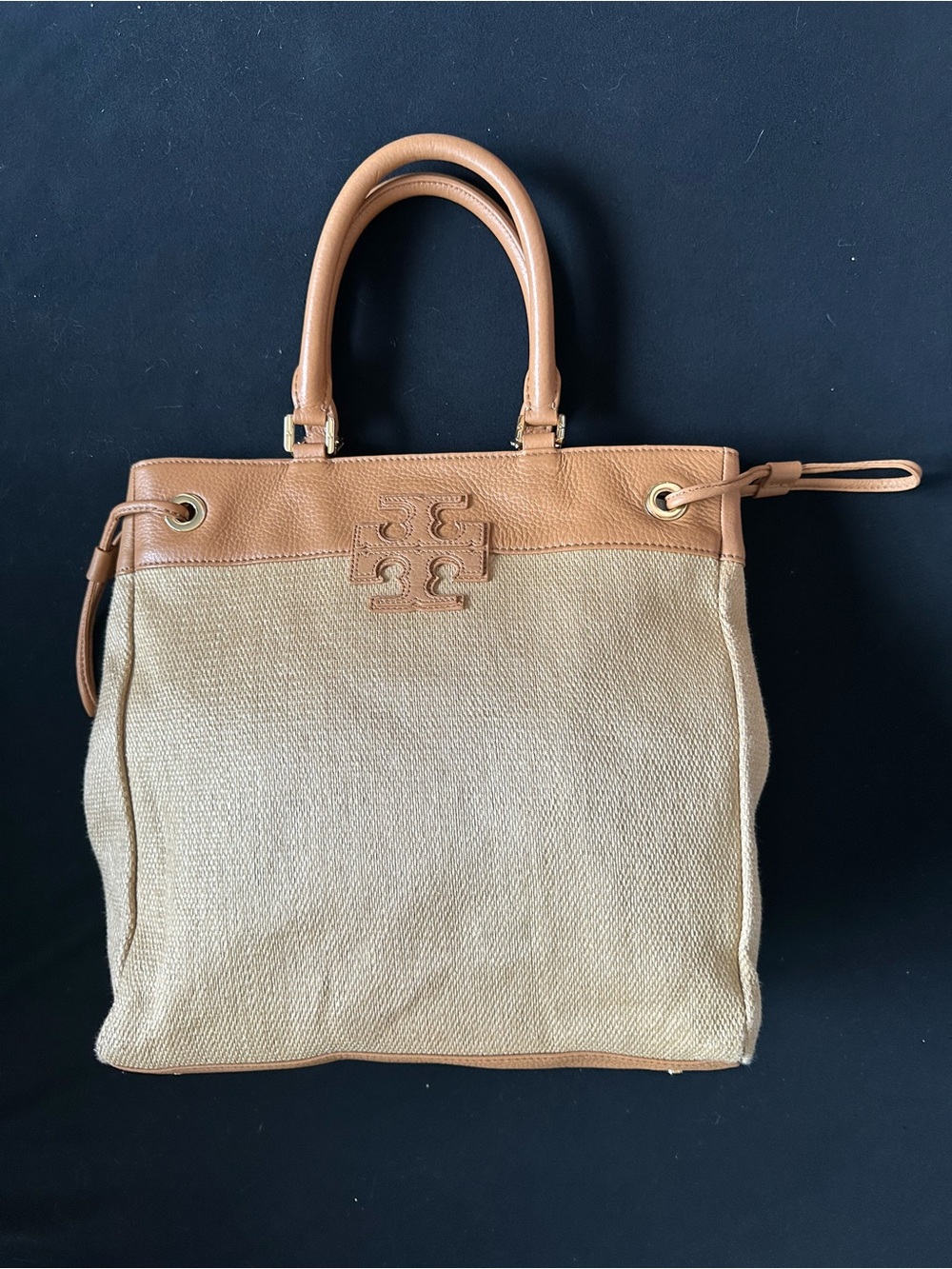 Tory Burch Light neutral and tan double T Logo straw Tote with leather